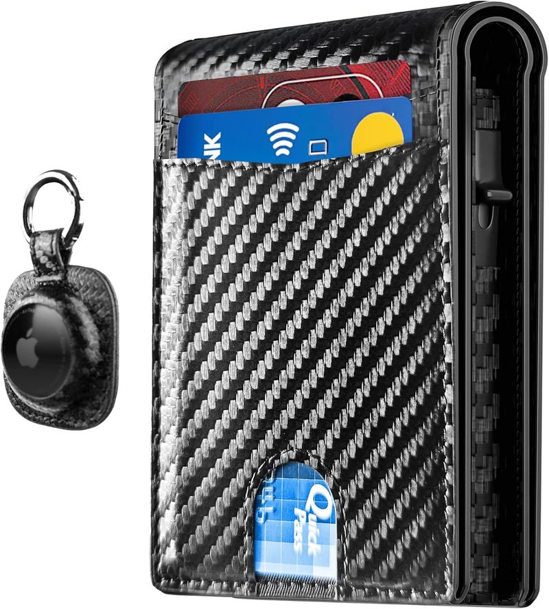 QLD 2025 Upgraded Minimalist Wallet for Men - RFID Blocking Credit Card Holder Case Leather Pop Up Aluminum Wallet with Cash Slot, Front Pocket ID Window Gift Boxed (Carbon Fiber - with Airtag Holder) - Image 1